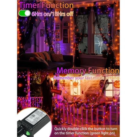 2-Pack 66FT 200 LED Extendable Halloween Lights,13 Modes Orange and Purple - Picture 2 of 7